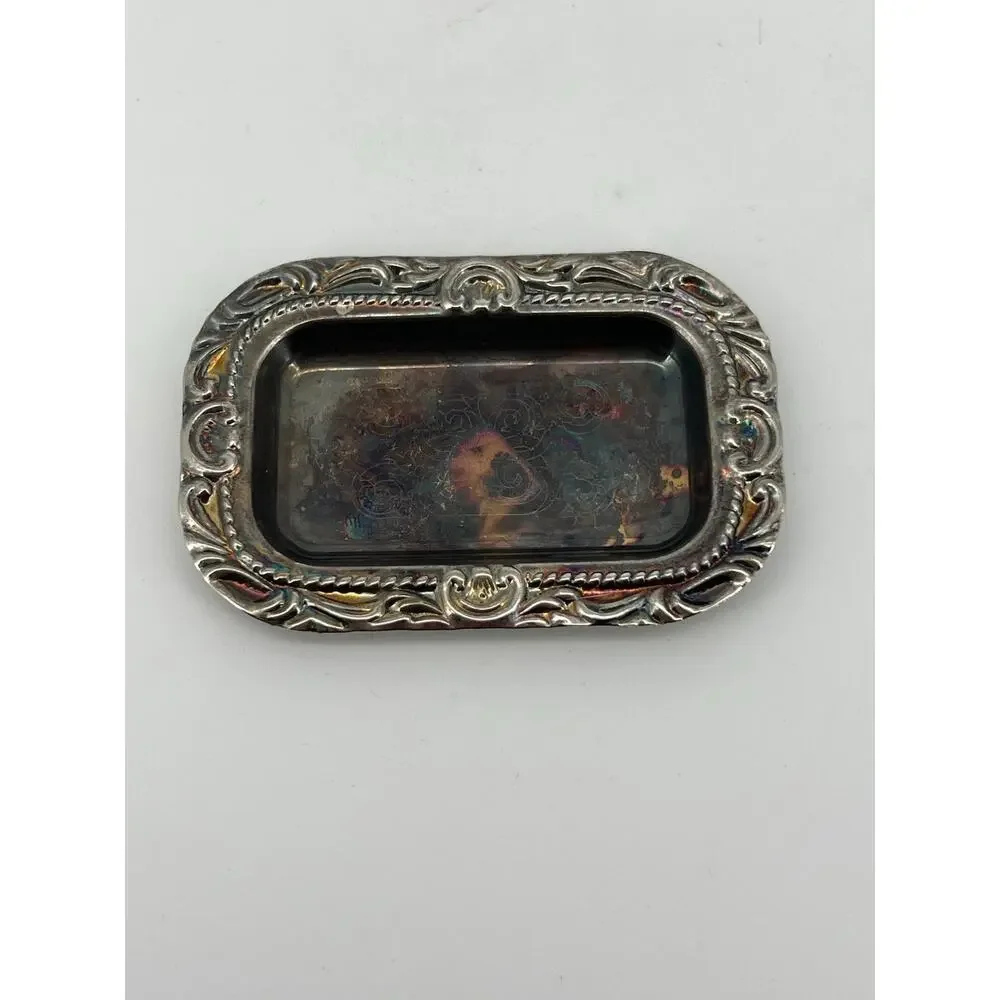 Vintage Salt & Pepper Shaker Set Glass Shakers w/ Ornate Metal Tray